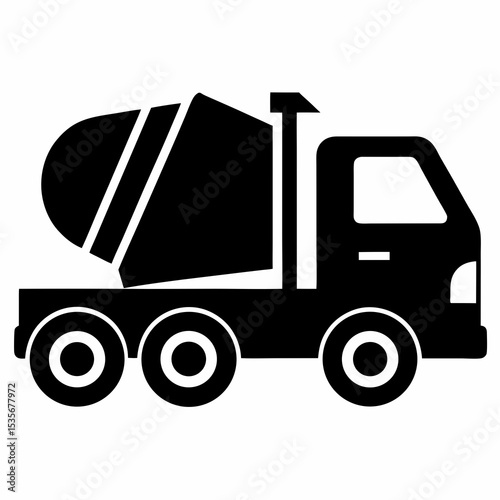 Concrete Mixer Truck Silhouette Icon | Solid Black Vector Linocut Design