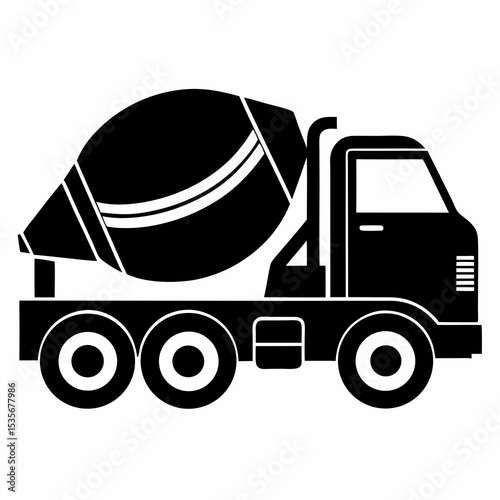 Concrete Mixer Truck Silhouette Icon | Solid Black Vector Linocut Design