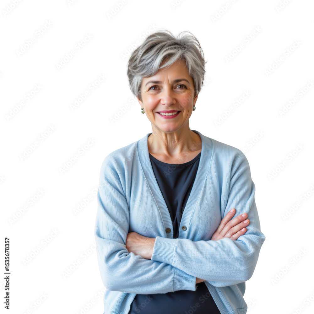 Smiling elderly woman in casual sweater posing confidently with arms crossed against a plain background Smiling elderly woman in casual sweater posing confidently with arms crossed against a plain background