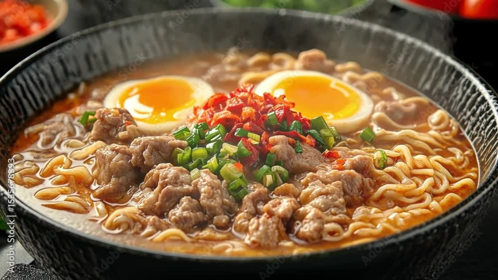 Delicious Spicy Beef Ramen Noodles with Soft Boiled Eggs