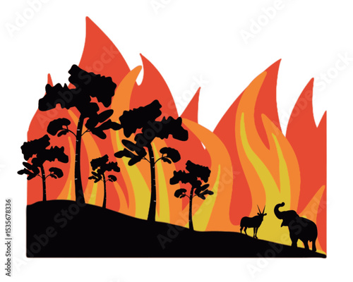 Vector hand drawn illustration with burning forest. Sketch with wildfire. Trees on fire