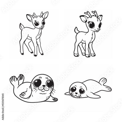 line art of cute animal bundle on the white background
