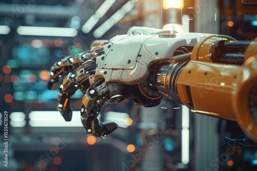 Futuristic Robot Arm in Factory Representing Ai and Manufacturing Cooperation
