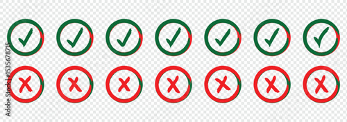 Hand drawn right and wrong vector sign in brush stroke outline shape. Check marks doodle set. Vote, yes, no, checkbox, checklist, tick and cross signs, v and x drawn concept. 