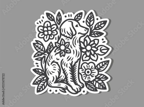 Dog and Floral Tattoo Design – Black Line Art