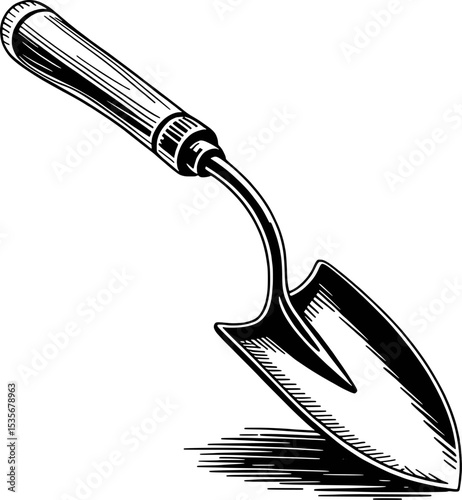 Hand Drawn Black and White Gardening Trowel with Wooden Handle