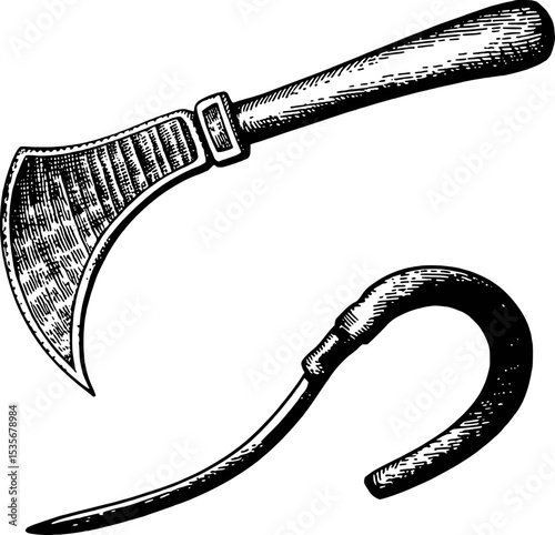 Hand Drawn Black and White Sickle and Hook Tools Illustration