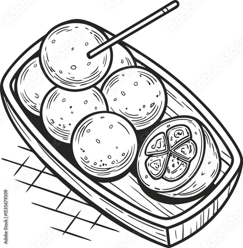 Vector illustration of a round sewing button on a plate with vegetables, a food design accessory