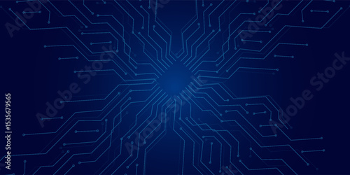 Abstract AI circuit board background. Technology connected blue lines with electronics elements on tech bg. Computer motherboard with a chip, processor, and semiconductor. Digital vector illustration