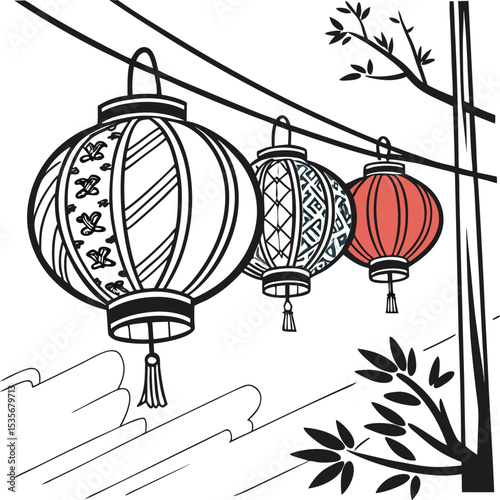 Red and gold Chinese celebration lanterns light up a park garden, an isolated vector illustration of Asian festival art