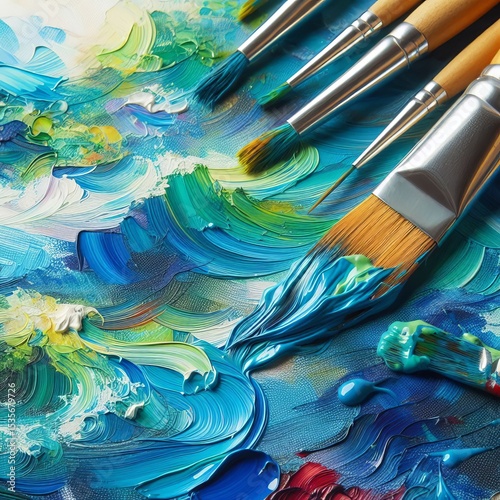 A close up of a freshly painted canvas with vibrant blue and gre