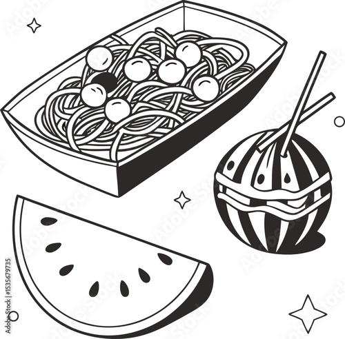 Sweet chocolate cake and pizza food vector illustration set