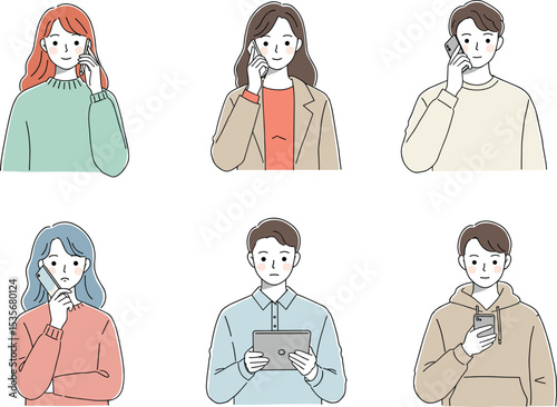 Vector illustration of people using smartphones and tablets, diverse characters, technology communication, mobile lifestyle, casual users interacting with digital devices