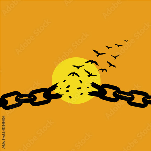 Freedom Concept - Broken Chain with Birds Flying