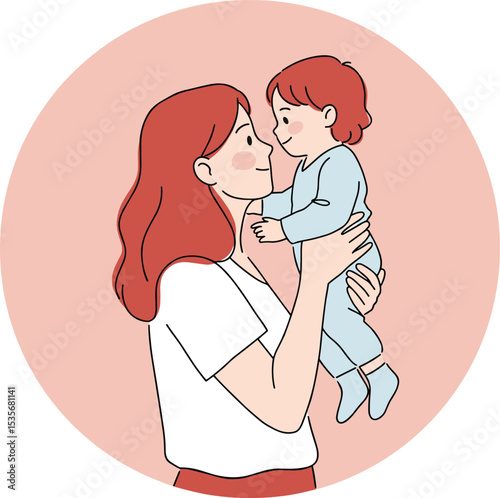 Loving mother holding her adorable baby child with affection and care, beautiful parent-child bonding moment, happy family illustration for motherhood, parenting, and family love