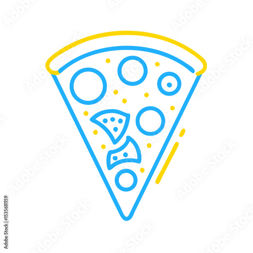 Slice of pizza with toppings in bright blue and yellow colors  