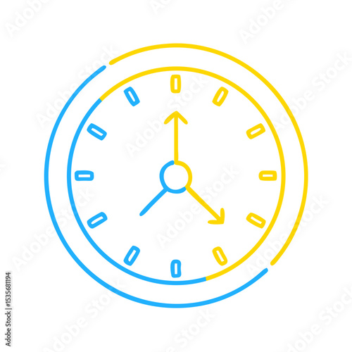 Linear clock icon with hour and minute hands in blue and yellow  