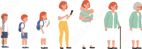 Life stages illustration, childhood to elderly woman, growing up, aging process, female development, life journey, family stages, motherhood, senior woman, cartoon character,