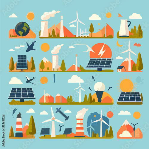 Flat Vector Illustrations of Renewable Energy Sources