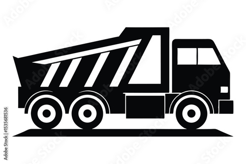Black and white simple vector illustration of a detailed dump truck transporting materials