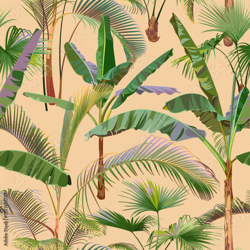 Seamless pattern with colorful palm tree branches isolated on a beige background. Desert and tropical houseplants. 
