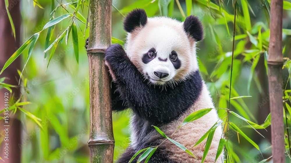 Obraz premium A young giant panda clings to a bamboo stalk surrounded by green leaves in a lush natural habitat.