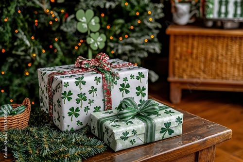 Two shamrock-themed gift boxes with festive ribbons sit on a wooden table adorned with greenery, against a cozy background with holiday lights.