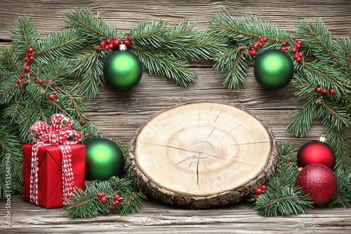 Festive Christmas decorations with green and red baubles, pine branches, and a wrapped gift on rustic wooden background with a wooden slice centerpiece.