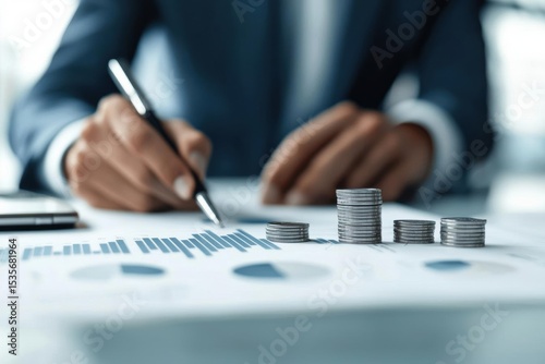 A person in business attire writes on a document with financial charts and stacked coins symbolizing growth and investment.