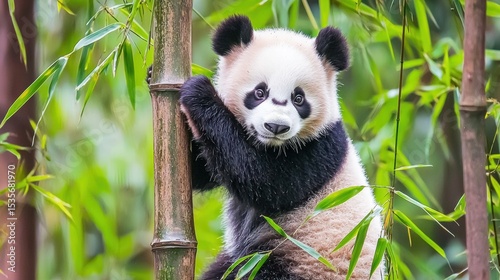 A young giant panda clings to a bamboo stalk surrounded by green leaves in a lush natural habitat.