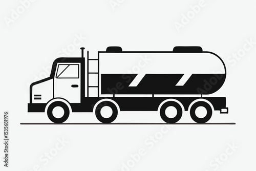 Black and white vector illustration of a fuel tanker truck transportation concept