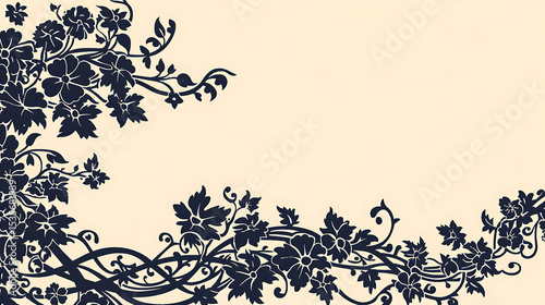 Floral design with dark blue flowers and leaves arranged in the corners on a beige background creating a decorative pattern