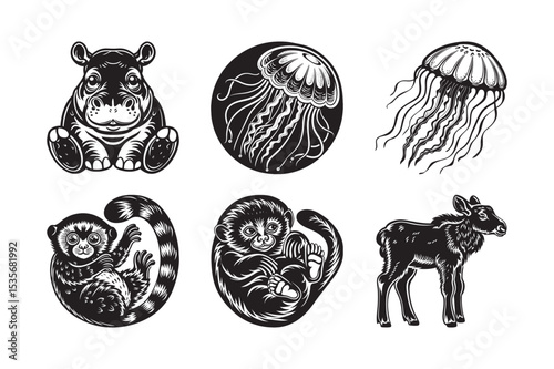 silhouette of cute wild animal bundle on the white background
