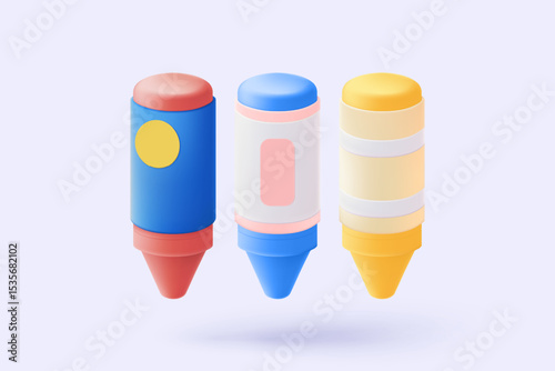 3d colours arrangement of crayons in various shades simplicity icon signs for draw and write in classroom. Education academic back to school. 3d studying stationery icon vector render illustration