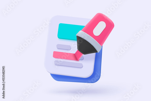 3d colours marker simplicity icon signs for highlight important draw and write in classroom. Education academic back to school. 3d highlight textbook stationery icon vector render illustration