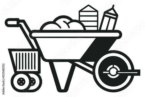 Black and white wheelbarrow illustration with materials and construction equipment tools