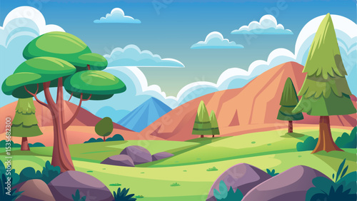 Cartoon Landscape with Mountains, Trees, Rocks, and Sky Illustration for Children