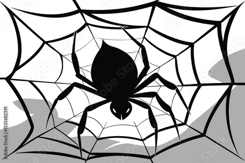 Black spider resting in a spider web illustration against white background for halloween