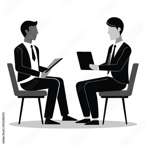 Business professionals in formal attire engaging in a meeting or interview on a white background