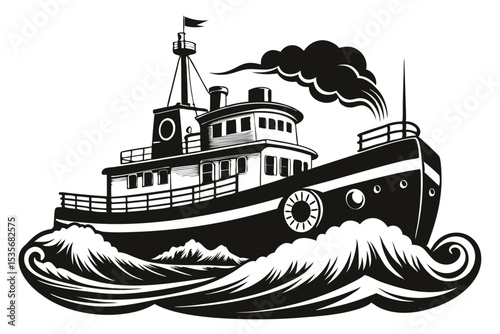 Classic black and white illustration of a vintage steamship navigating ocean waves.