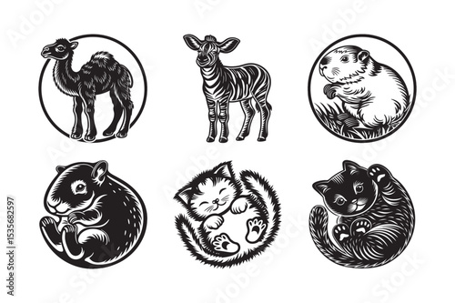 silhouette of cute wild animal bundle on the white background