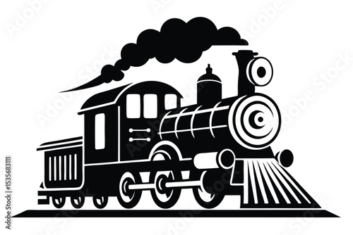 Classic black and white illustration of an old fashioned locomotive engine in motion