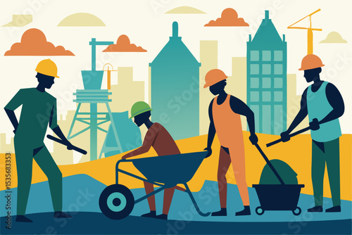 Construction workers on a building site laboring together to complete the project in flat design.