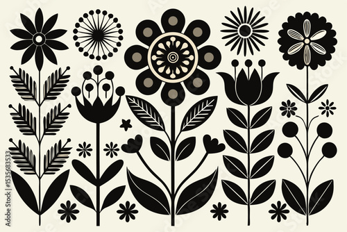 Decorative floral botanical pattern featuring stylized flowers leaves and organic shapes in black and white