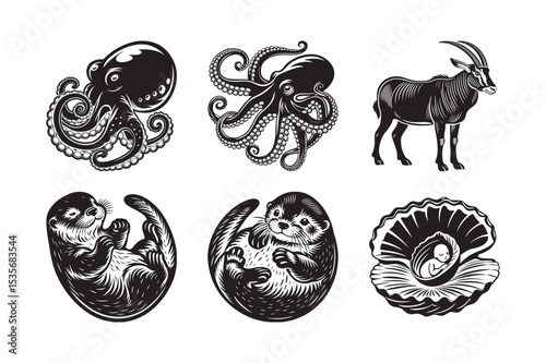 silhouette of cute wild animal bundle on the white background