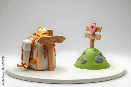 3D clay-style illustration of a beige backpack with a hat and a wooden signpost on a green hill, isolated on white. 