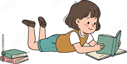 Cute little girl reading book, child education illustration, learning at home, kids reading time, study habit development, peaceful reading moment, childhood knowledge growth concept