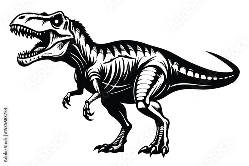 Detailed black and white illustration of a fierce tyrannosaurus rex dinosaur