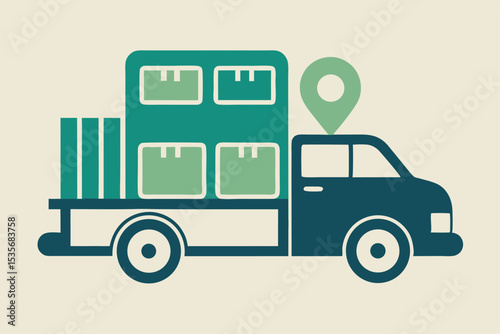 Delivery truck carrying packages with location pin showing shipping and logistics service