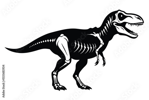 Detailed black and white vector illustration of a tyrannosaurus rex skeleton on white background